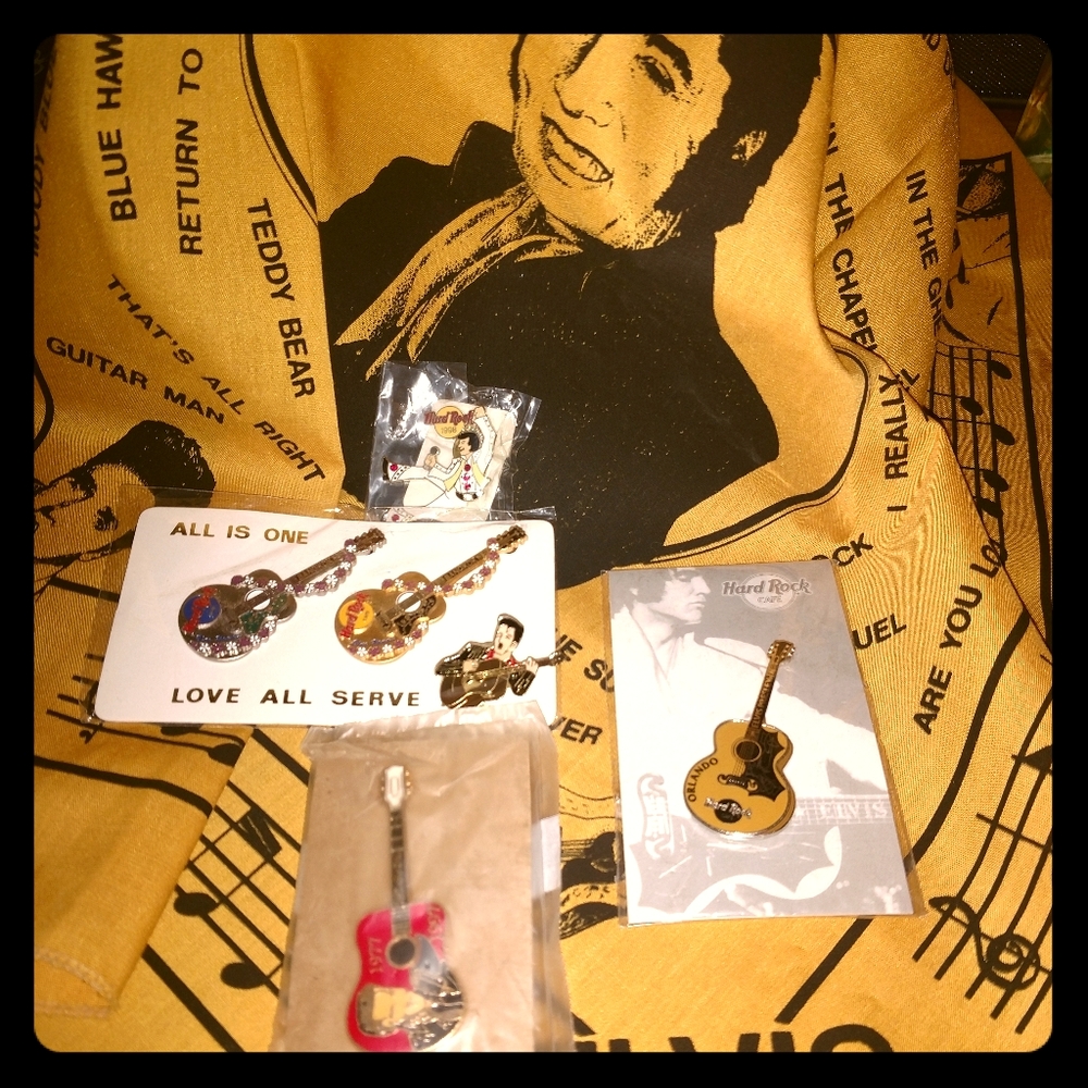 hard rock cafe pins,2 non HRC,and Elvis scarf!